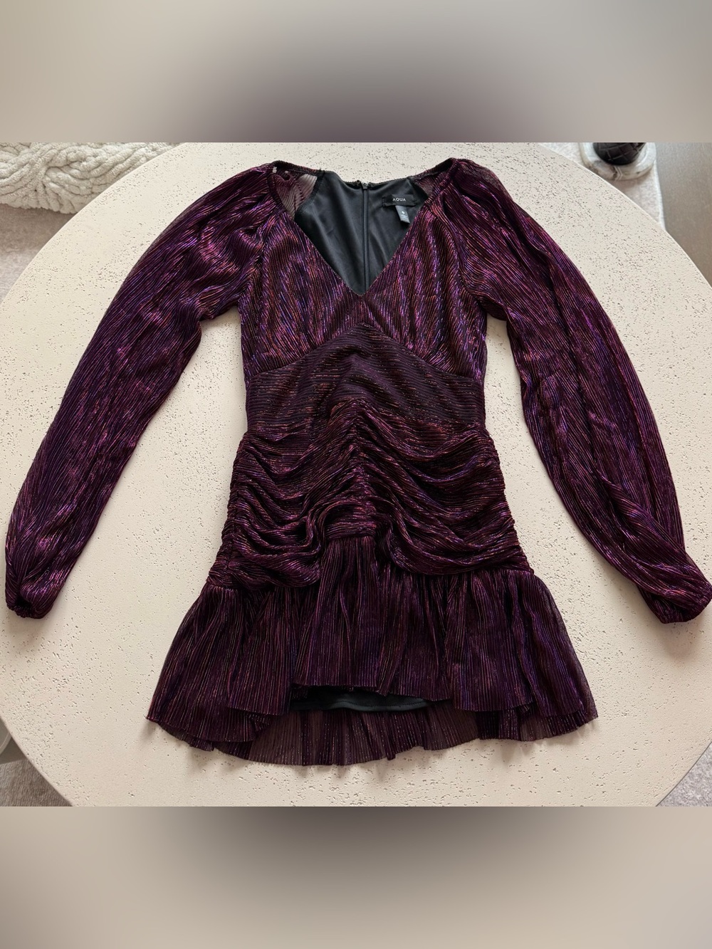 AQUA Purple Ruched V-Neck Long Sleeve Party Dress